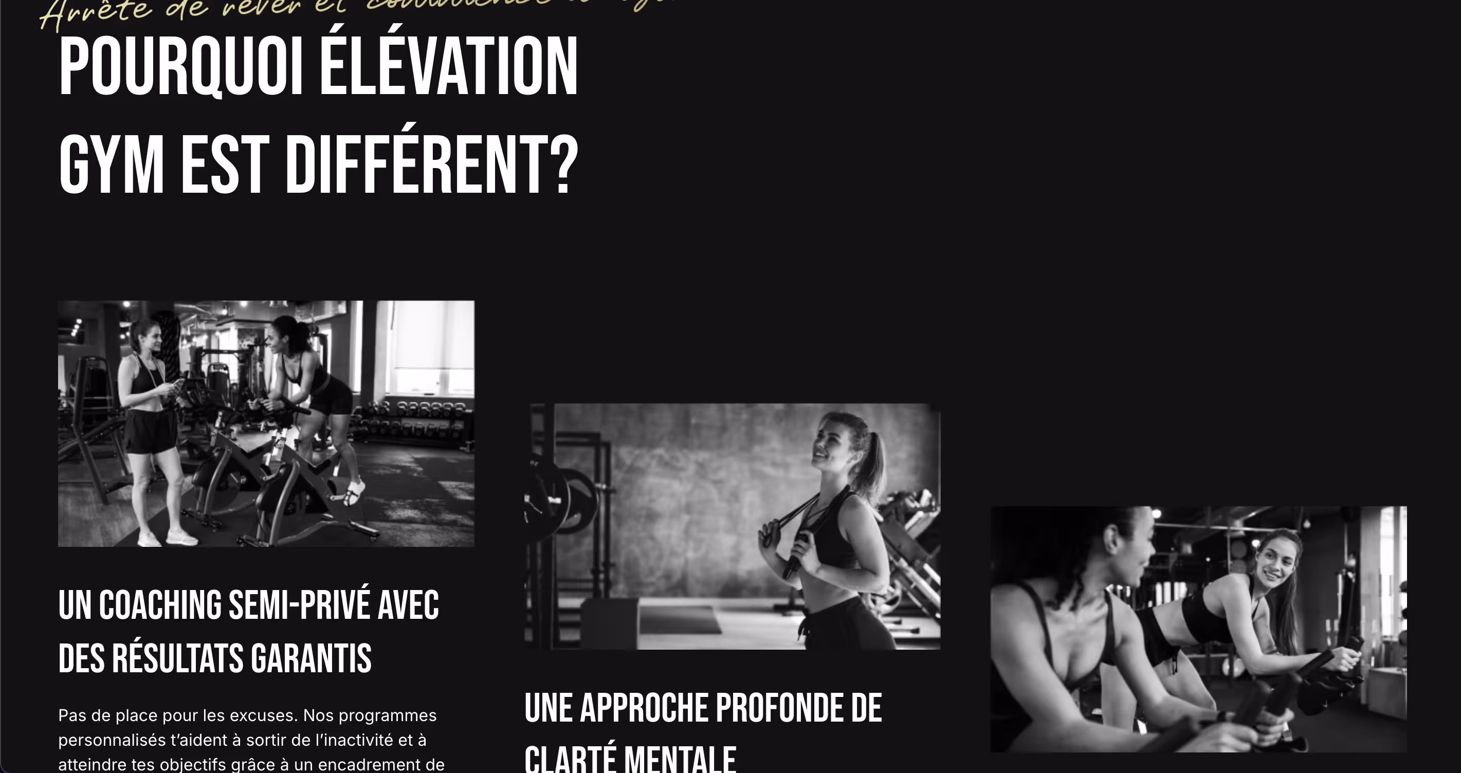 Three women working out at Élévation Gym in Montreal, highlighting strength training, cardio, and functional fitness—showcasing the gym’s personalized coaching and diverse training programs.